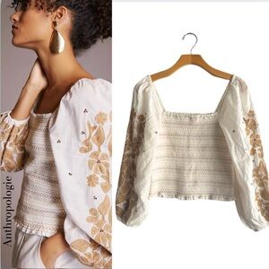 Anthropologie Smocked Top with embellished and embroidered sleeves, boho spring